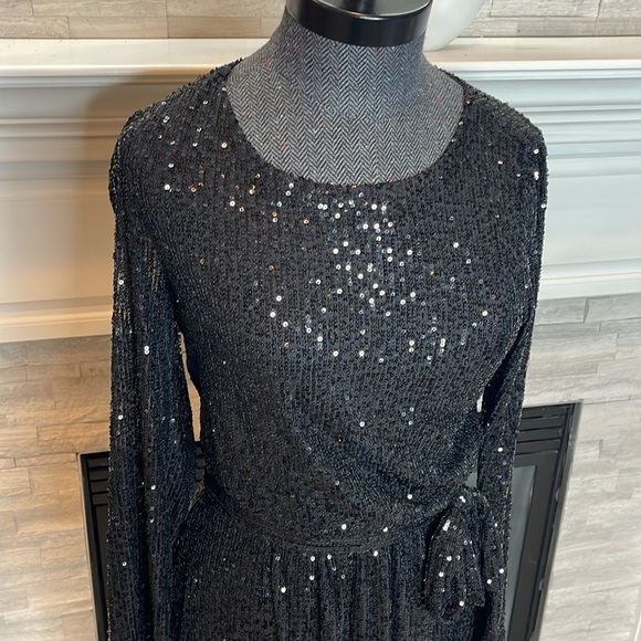 NWT Crystal Sky Black Sequin Mini Dress Long Sleeve Belted Party Holiday Dress S - Picture 3 of 6